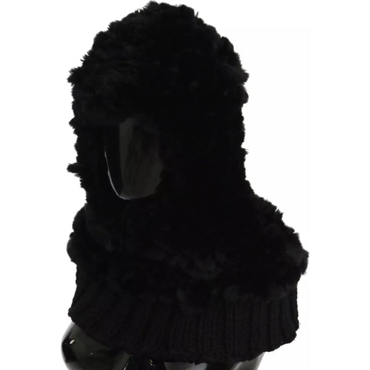 Dolce & Gabbana Black Silver Fox Fur Cashmere Hooded Scarf HAT70078