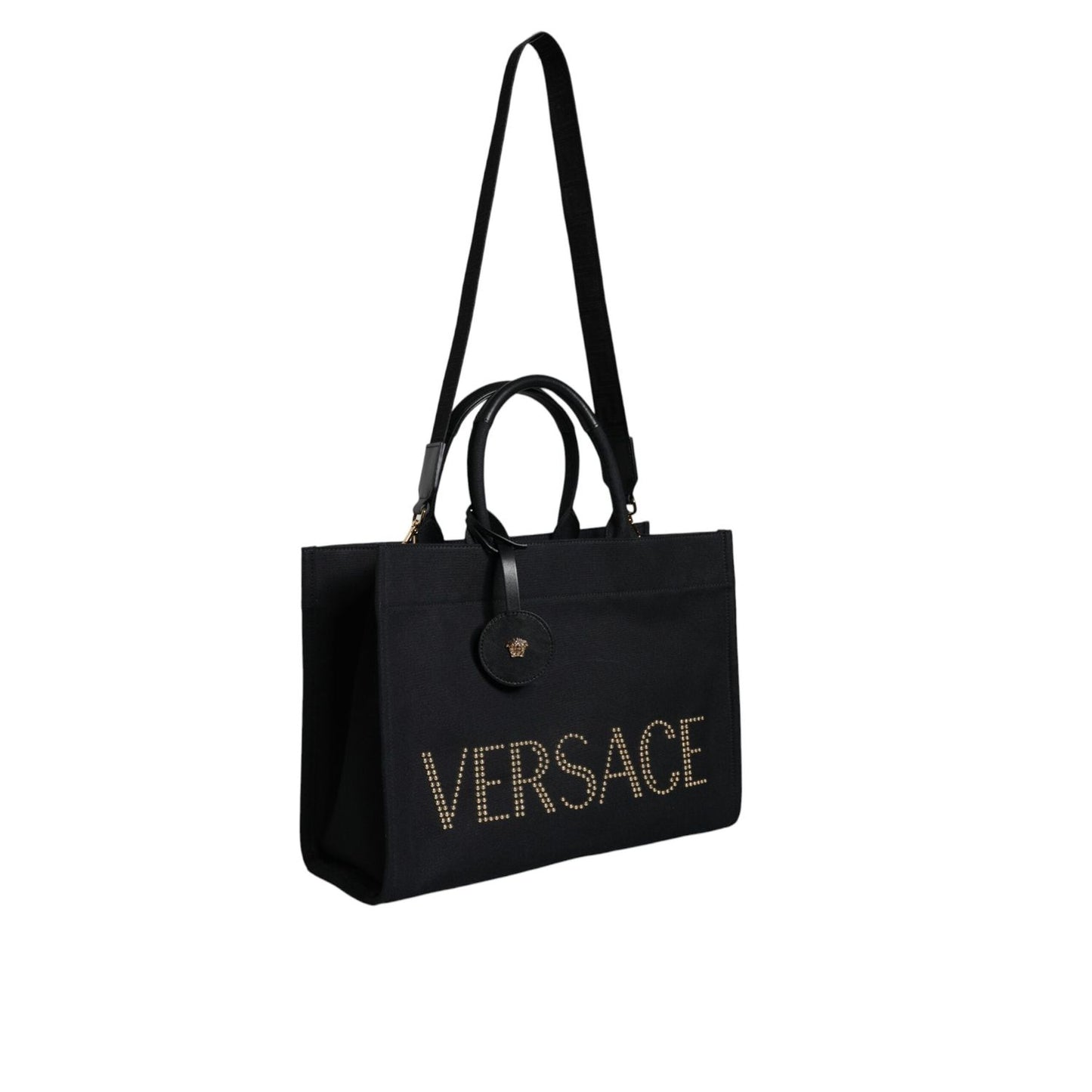 Versace Black Top Handle Canvas Leather Logo Crossbody Tote Bag