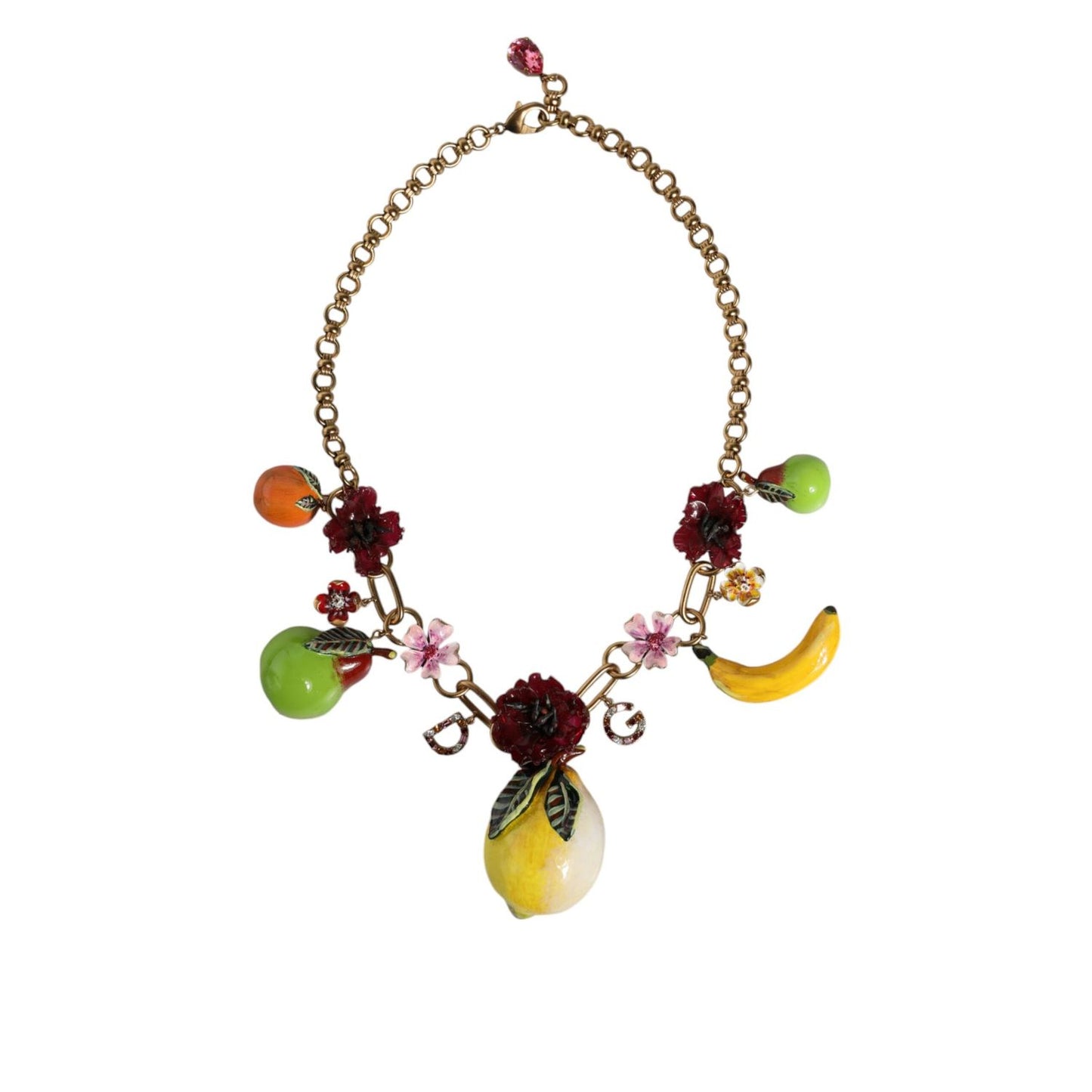 Dolce & Gabbana Gold Brass FRUIT Pendants Flowers Crystal Logo Necklace Necklace