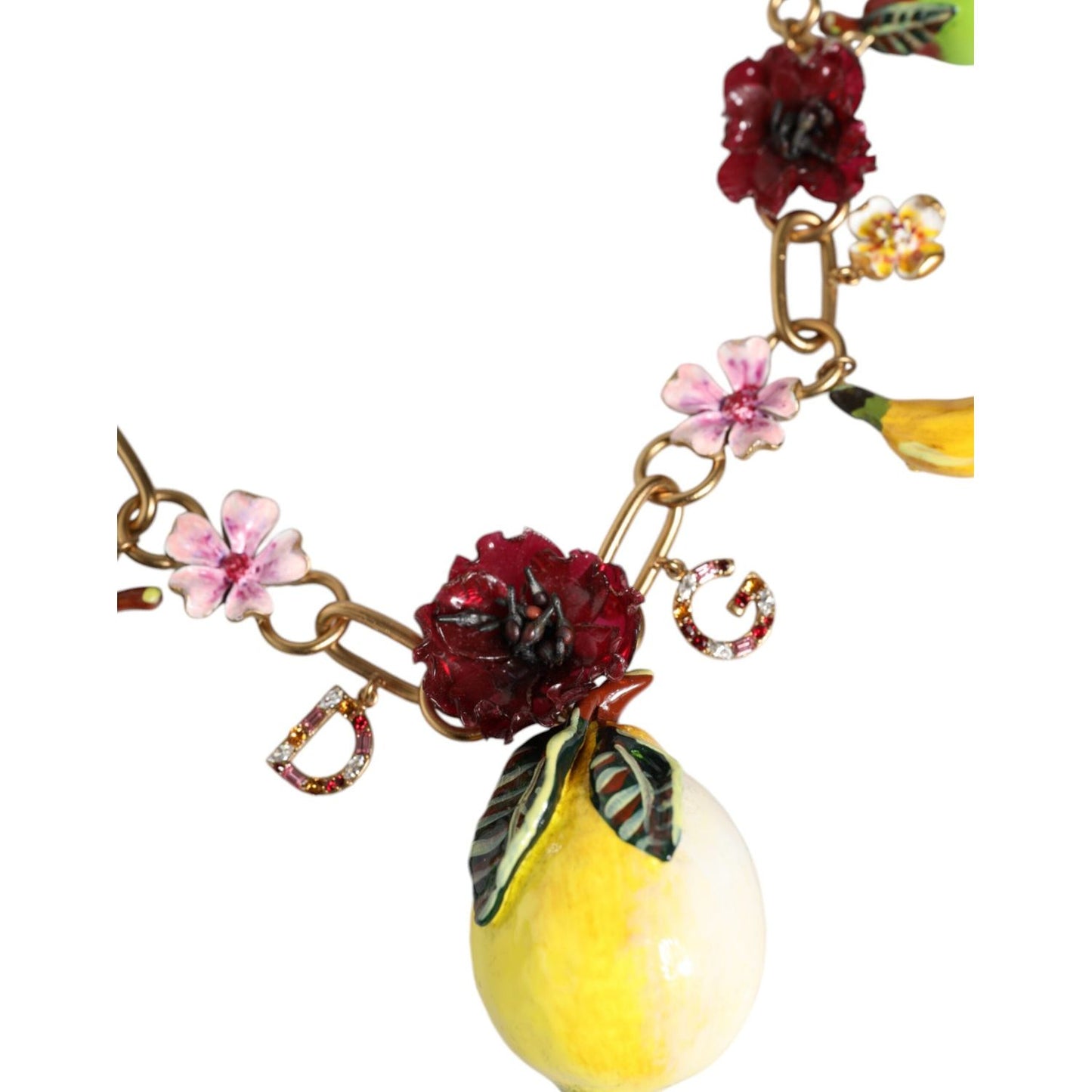 Dolce & Gabbana Gold Brass FRUIT Pendants Flowers Crystal Logo Necklace Necklace