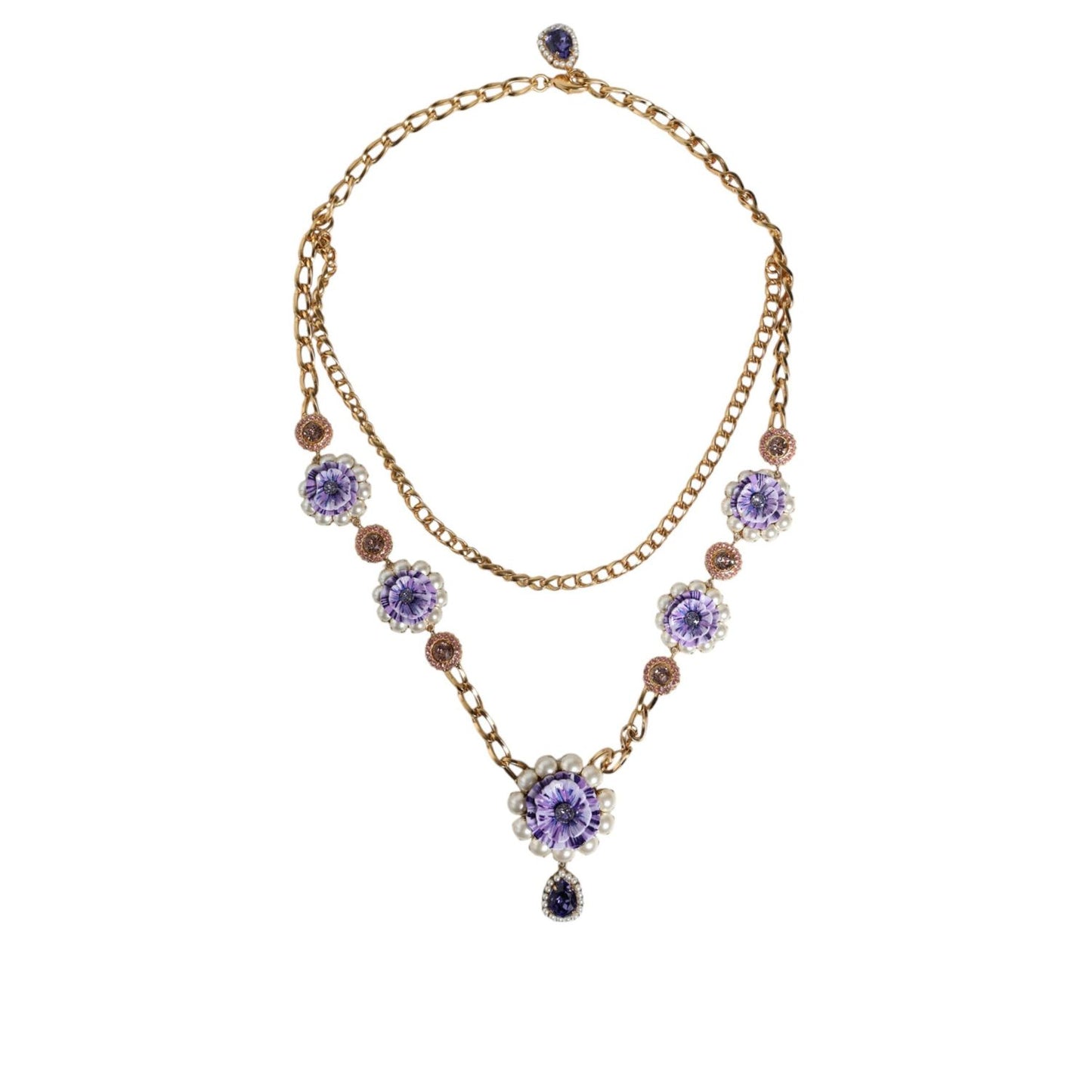 Dolce & Gabbana Gold Tone Floral Crystals Embellished Layered Necklace