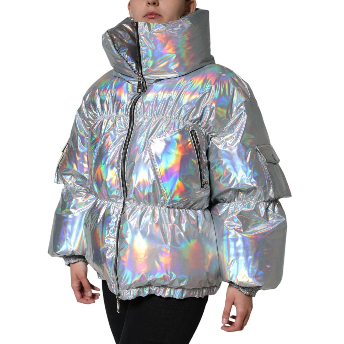 Dolce & Gabbana Silver Iridescent Puffer Full Zip Coat Jacket JKT4096-40