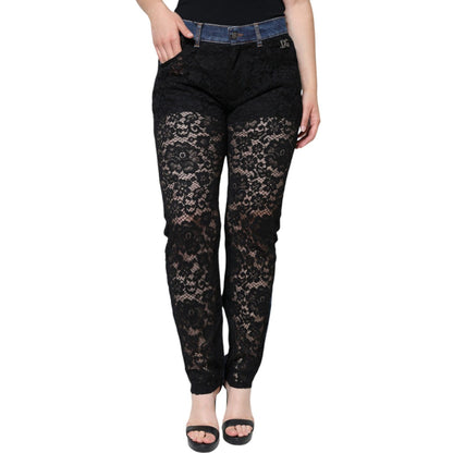 Dolce & Gabbana Black Floral Lace Front Skinny Denim Jeans