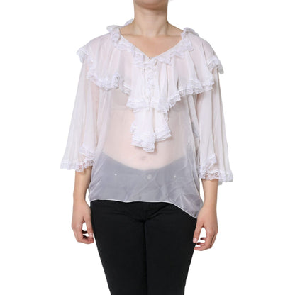 Dolce & Gabbana White Ruffles Lace Long Sleeve Blouse Top