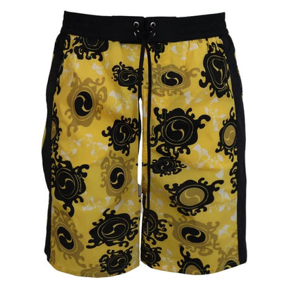 Dsquared² Yellow Black Printed Nylon Beachwear Shorts Swimwear