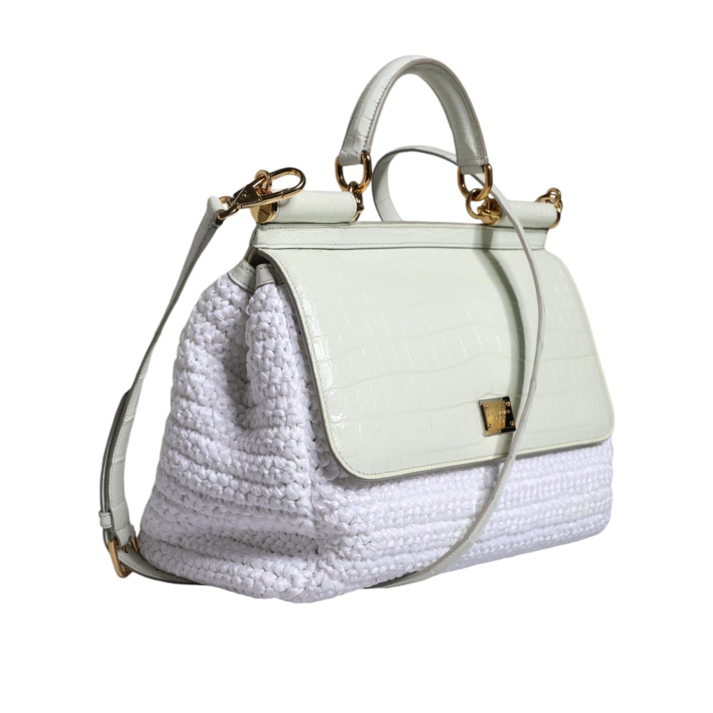Dolce & Gabbana White Rafia Leather Top Handle Crossbody Bag BAG4096