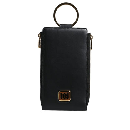 Dolce & Gabbana Black Leather Logo Plaque Neck Strap Card Coin Wallet