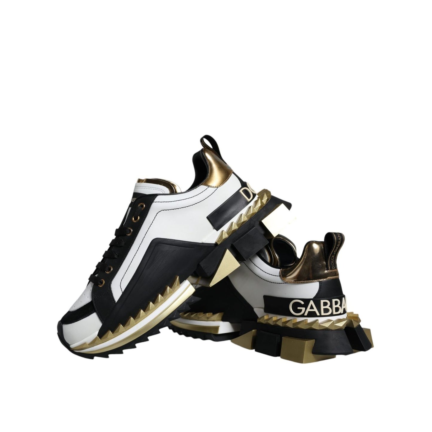 Dolce & Gabbana White Gold Black Leather SUPER KING Sneakers Shoes