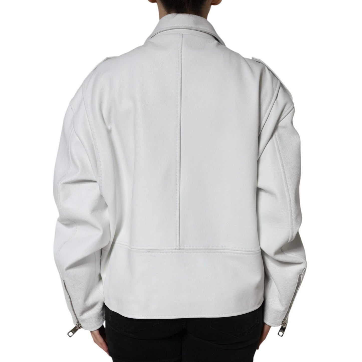 Dolce & Gabbana White Lambskin Leather Biker Coat Jacket