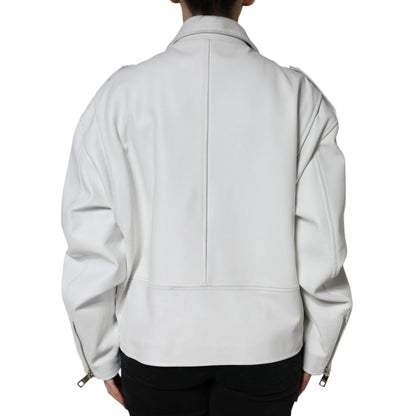Dolce & Gabbana White Lambskin Leather Biker Coat Jacket