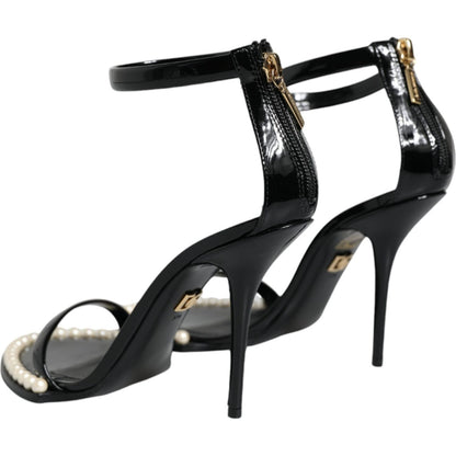 Dolce & Gabbana Black Keira Leather Faux Pearl Sandals Heels Shoes