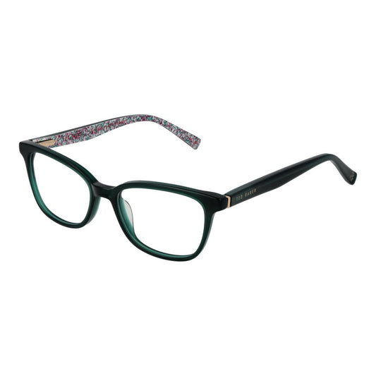 Ted Baker Green Women Glasses Frame with full-rim style, plastic material, and rectangle design, shown with branded case.
