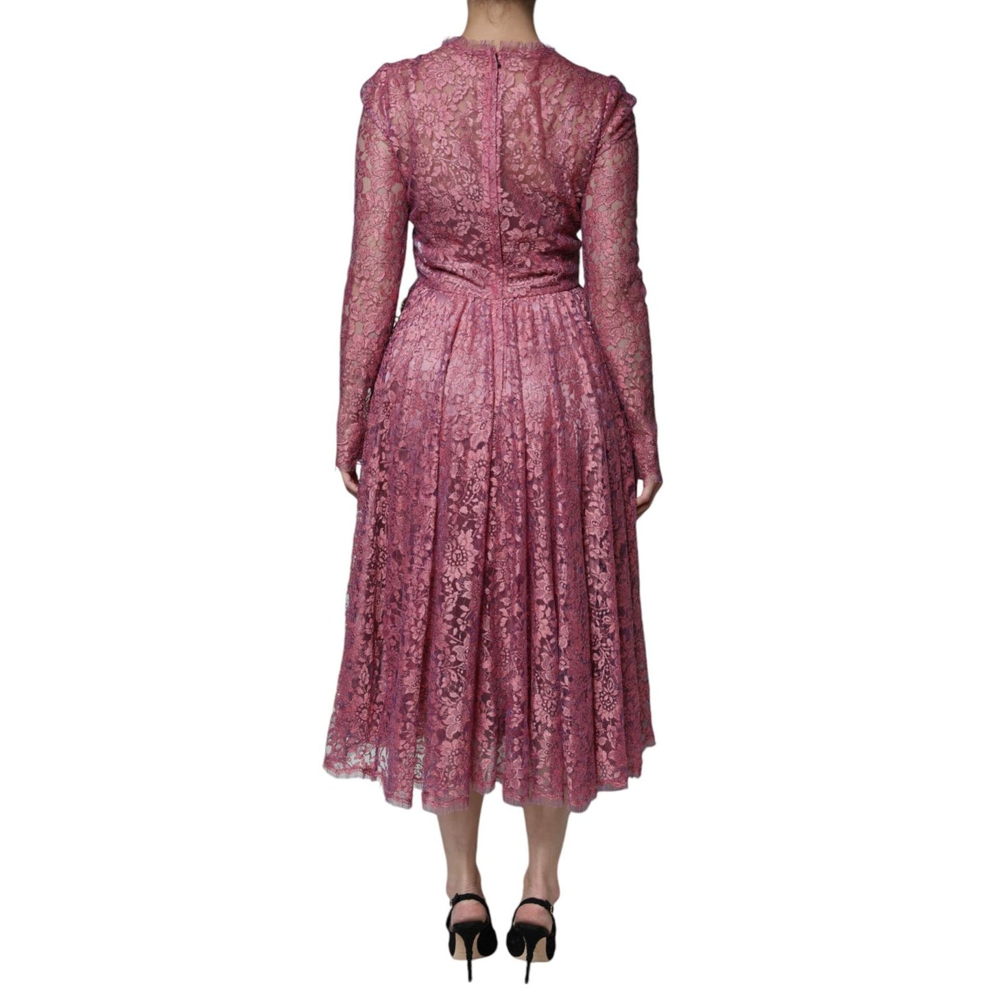 Dolce & Gabbana Fuchsia Floral Lace Long Sleeve Maxi Dress