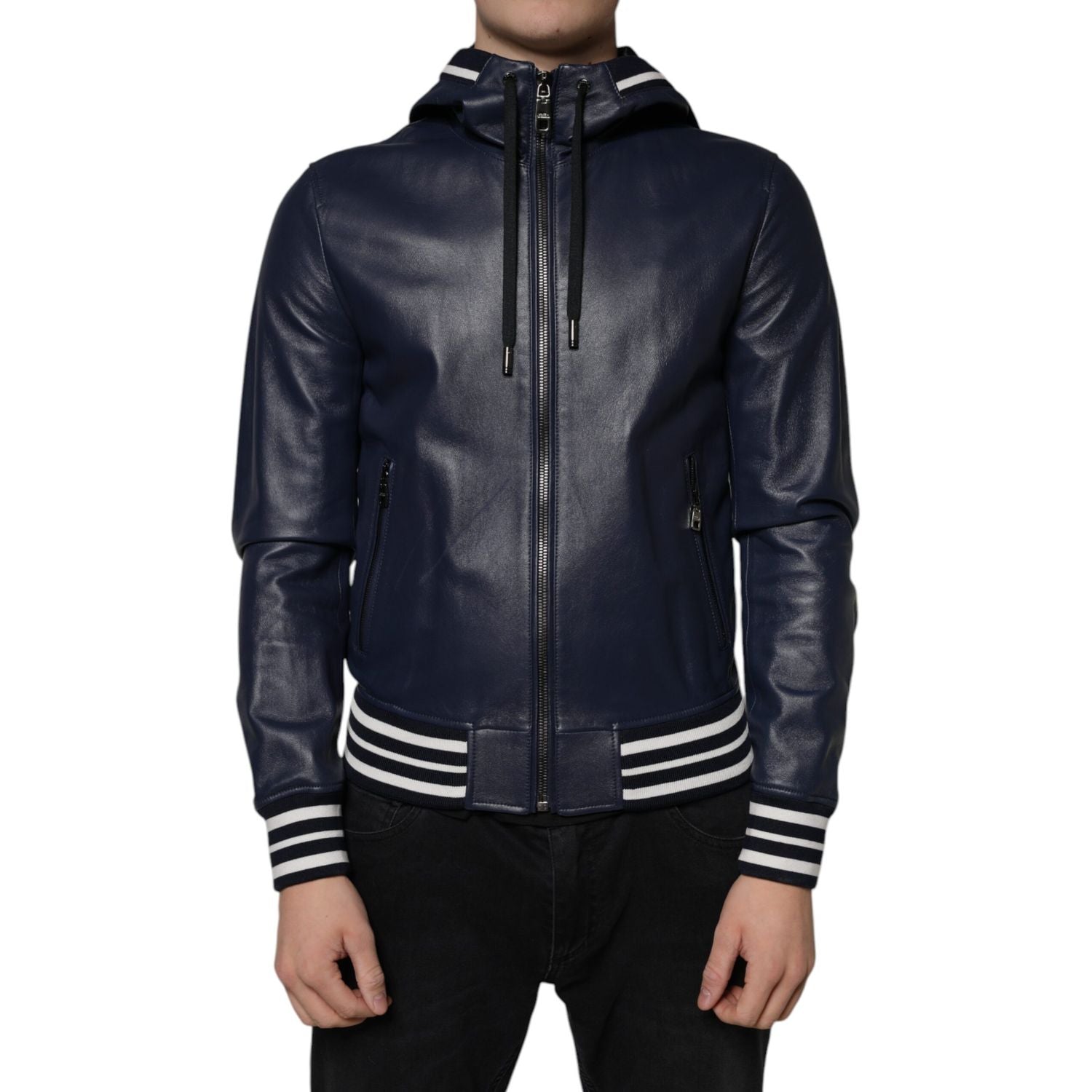 Dolce & Gabbana Blue Leather Full Zip Hooded Bomber Jacket