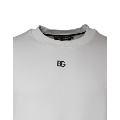 Dolce & Gabbana White Logo Cotton Crew Neck Pullover Sweater