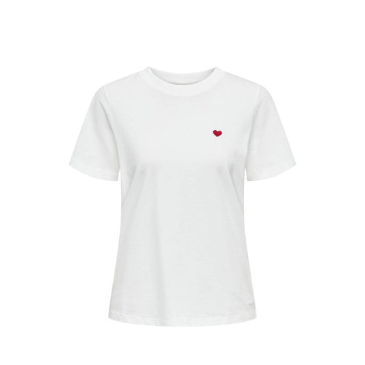 Jacqueline De Yong White Cotton T-Shirt with small embroidered heart, short sleeves, and crew neck, perfect for casual and feminine style.