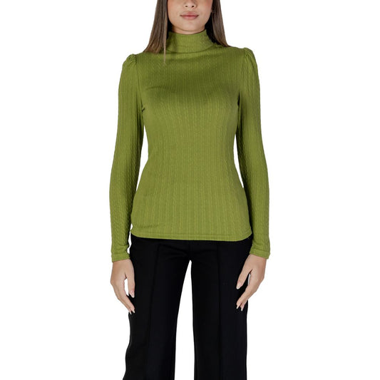 Model wearing B.Young Green Polyester Long Sleeve T-Shirt with high neck and ribbed texture, highlighting elegance and style.