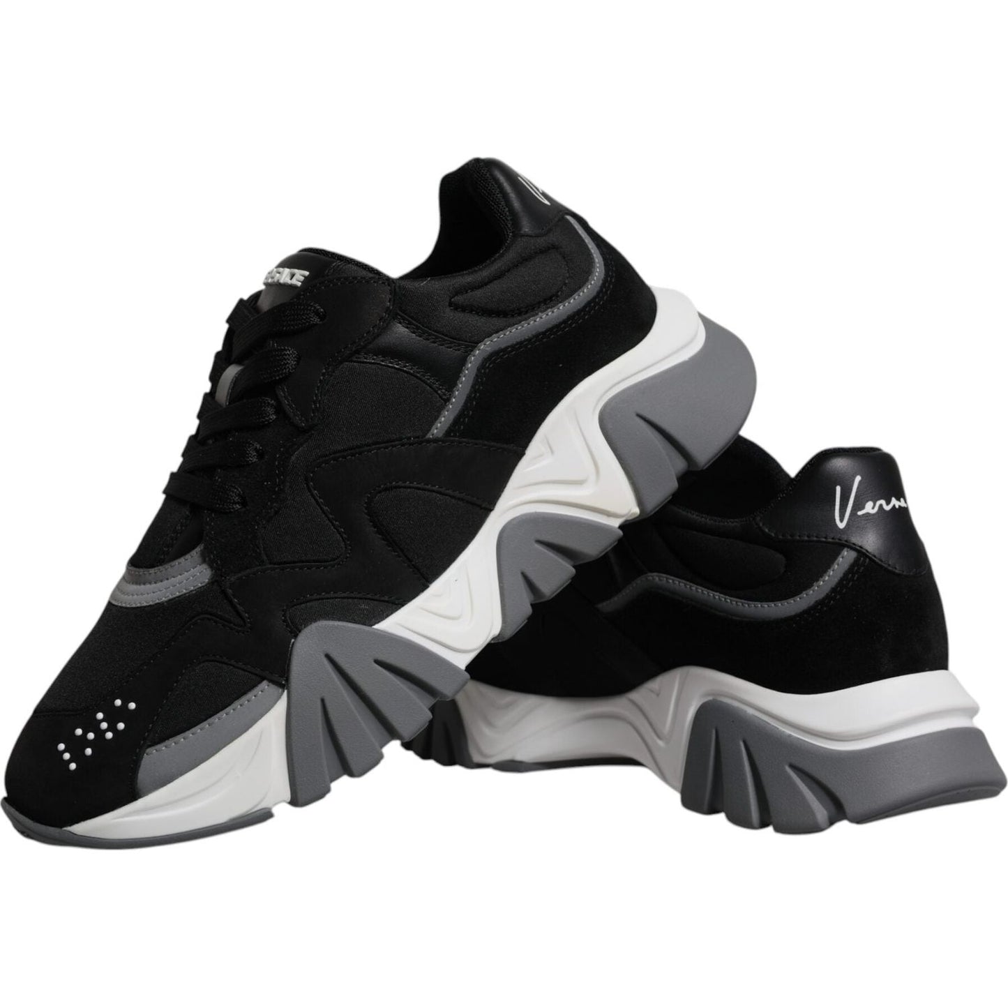 Versace Black Leather Neoprene Chunky Low Top Sneakers Squalo Shoes MV6396-42
