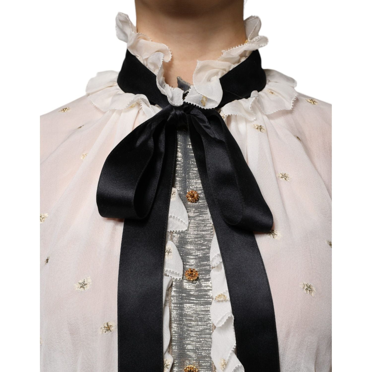 Dolce & Gabbana Off White Silk Blend Ascot Collar Blouse Top