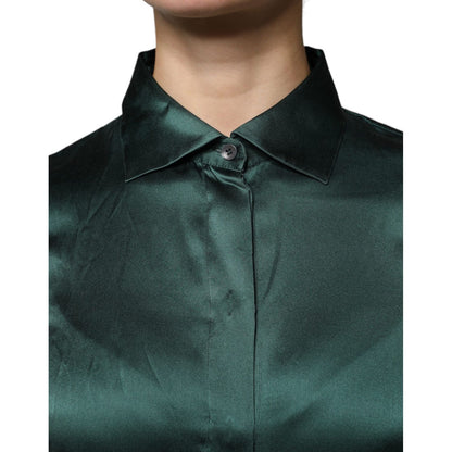 Dolce & Gabbana Dark Green Silk Button Down Long Sleeves Blouse Top