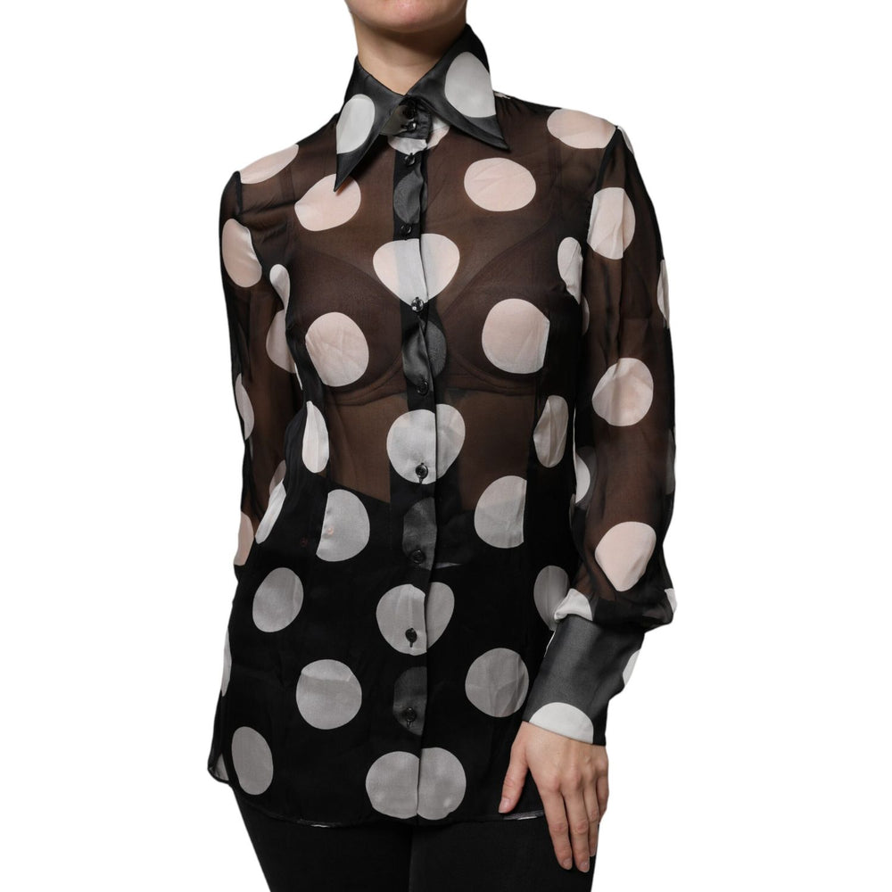Dolce & Gabbana Black White Polka Dots Silk Long Sleeves Top