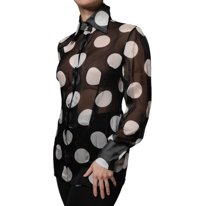 Dolce & Gabbana Black White Polka Dots Silk Long Sleeves Top