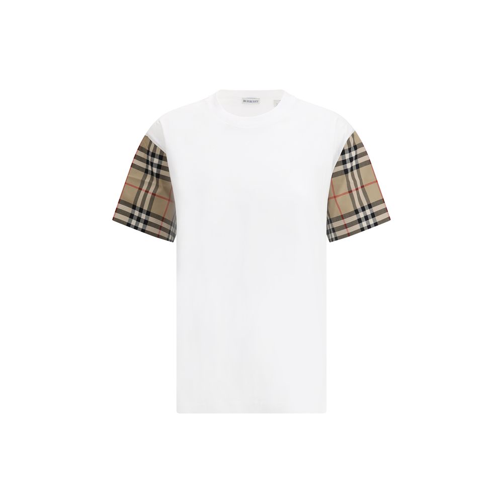Burberry White Cotton T-Shirt with Archivio Check pattern sleeves, combining comfort and iconic style.
