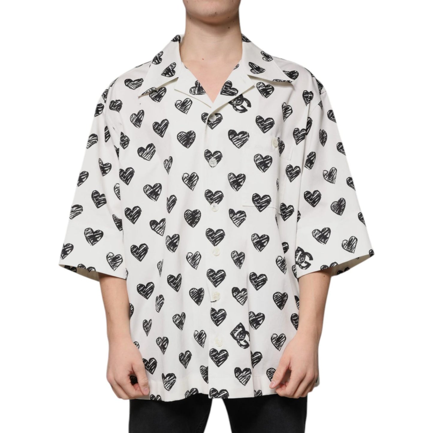 Dolce & Gabbana White Heart Print Short Sleeve Casual Shirt