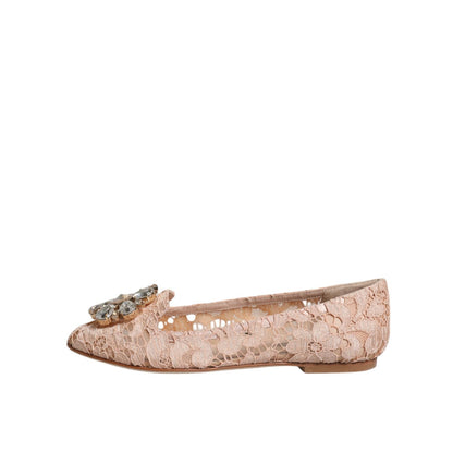 Dolce & Gabbana Beige Lace Crystal Ballet Flats Loafers Shoes