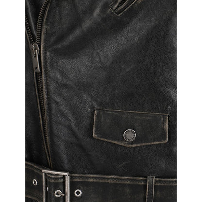 Close-up of the Golden Goose Brown Calf Leather Bos Taurus Biker Jacket with vintage look and metal buckle belt.