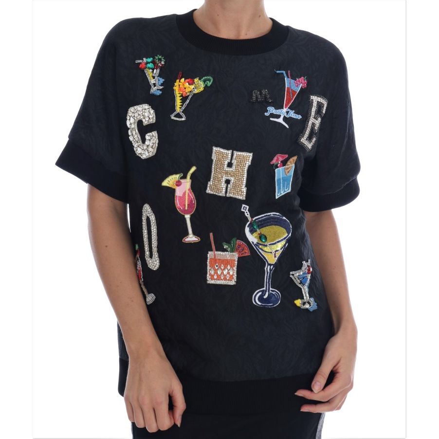 Dolce & Gabbana Black Brocade Cocktail Crystal Sweater