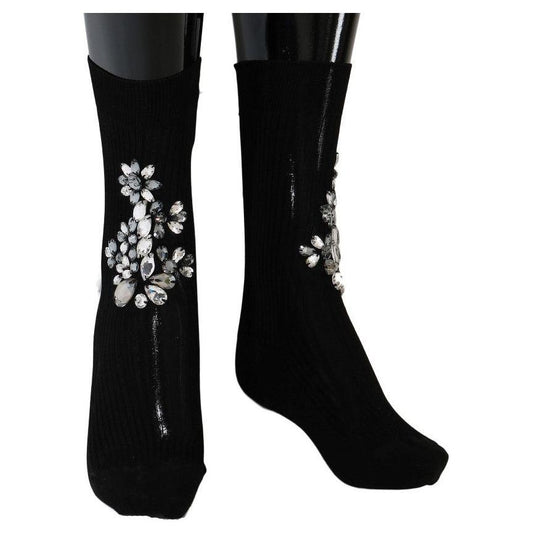 Dolce & Gabbana Black Knitted Floral Clear Crystal Socks SCS50-2