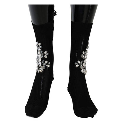Dolce & Gabbana Black Knitted Floral Clear Crystal Socks