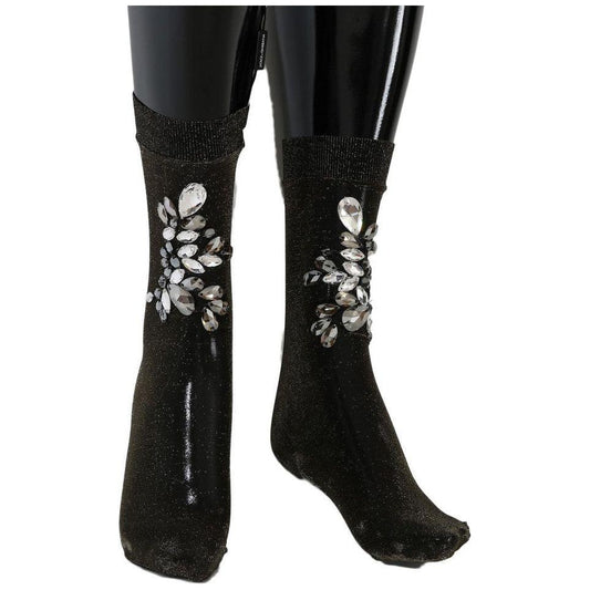Dolce & Gabbana Black Stretch Floral Clear Crystal Socks SCS57-2