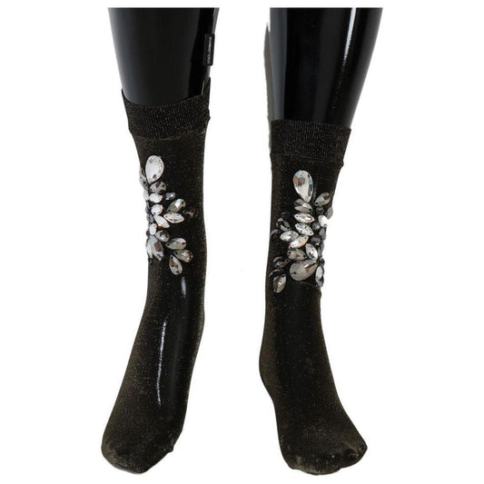 Dolce & Gabbana Black Stretch Floral Clear Crystal Socks SCS57-2