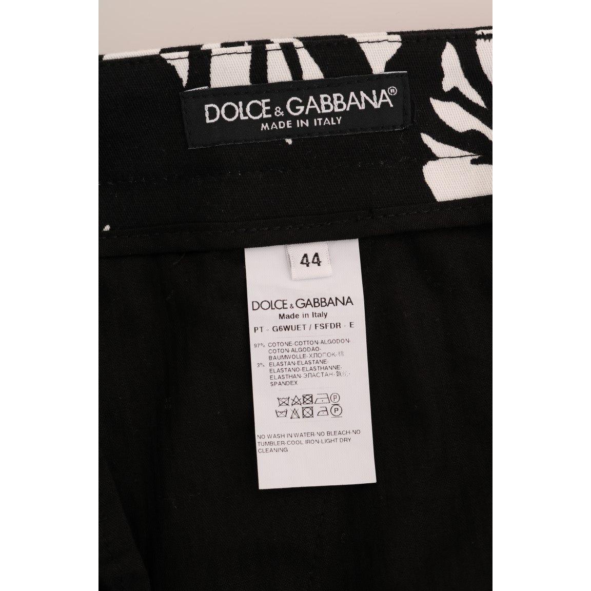 Dolce & Gabbana White Black Leaf Cotton Stretch Slim Pants