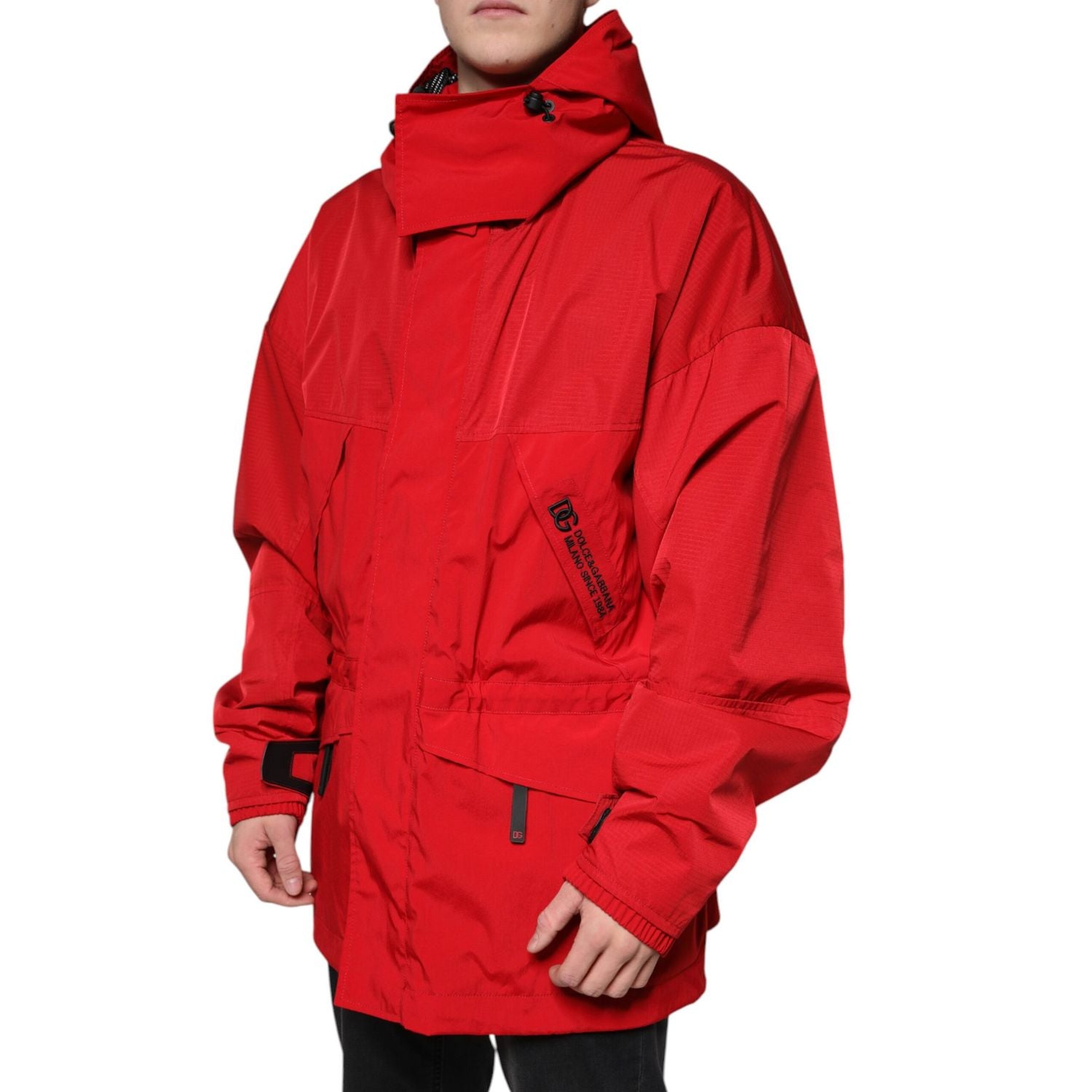 Dolce & Gabbana Red Nylon Hooded Men Full Zip Parka Jacket