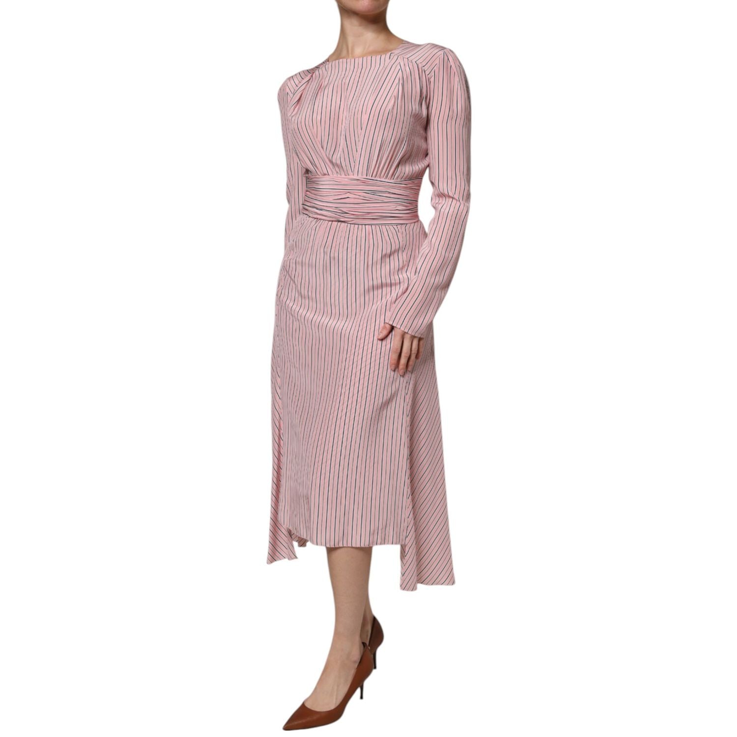 Ermanno Scervino Pink Stripes Silk Long Sleeves Midi Dress
