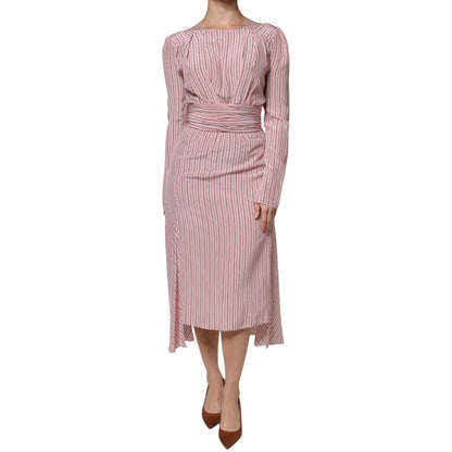 Ermanno Scervino Pink Stripes Silk Long Sleeves Midi Dress