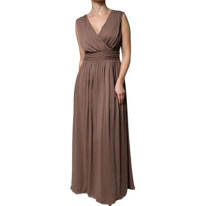Peserico Brown Sleeveless Deep V-neck A-line Long Maxi Dress