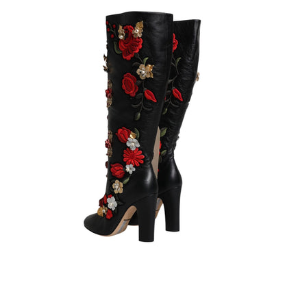 Dolce & Gabbana Black Roses Embellished Leather Heel Boots Shoes