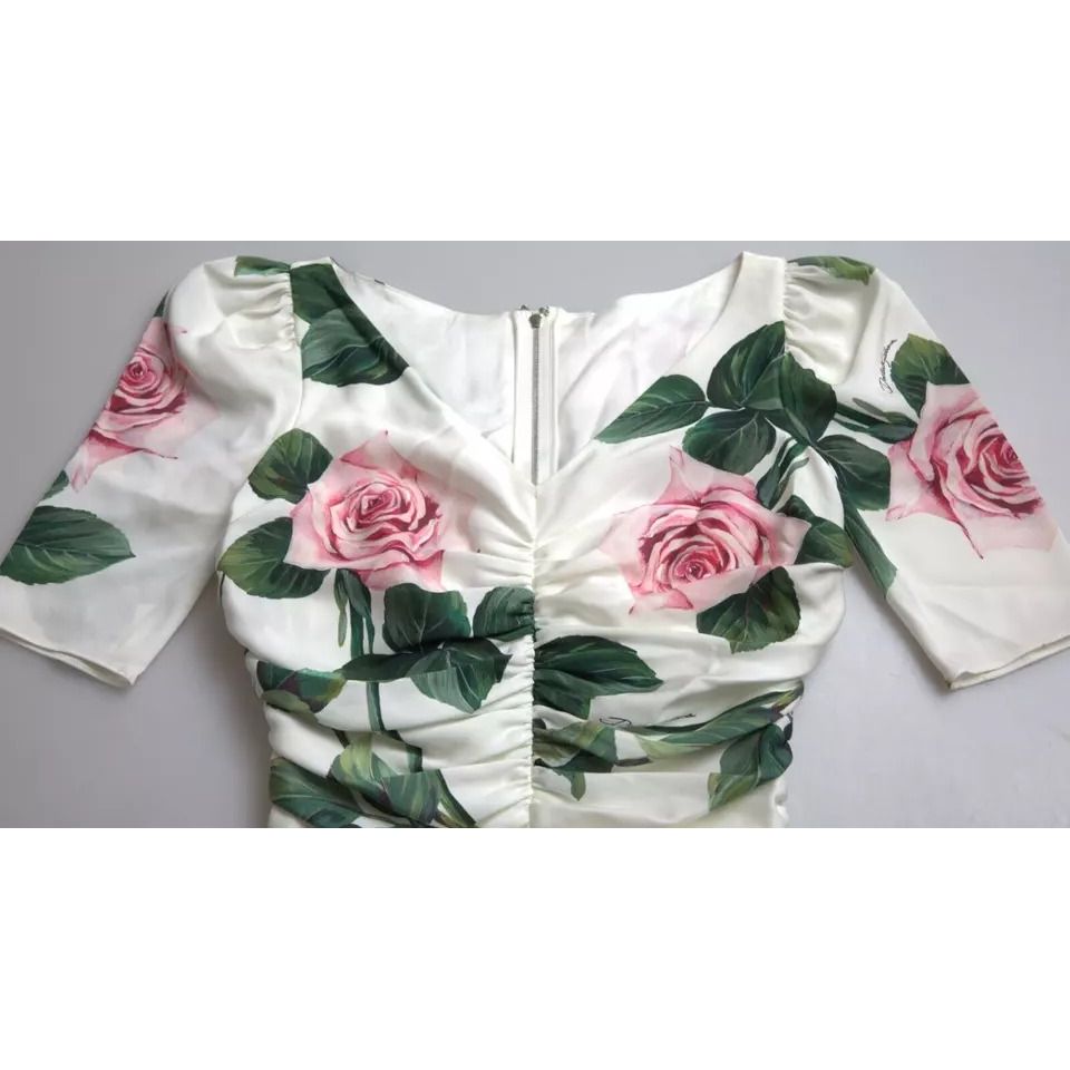 Dolce & Gabbana White Roses Print Stretch Silk Pleated Dress