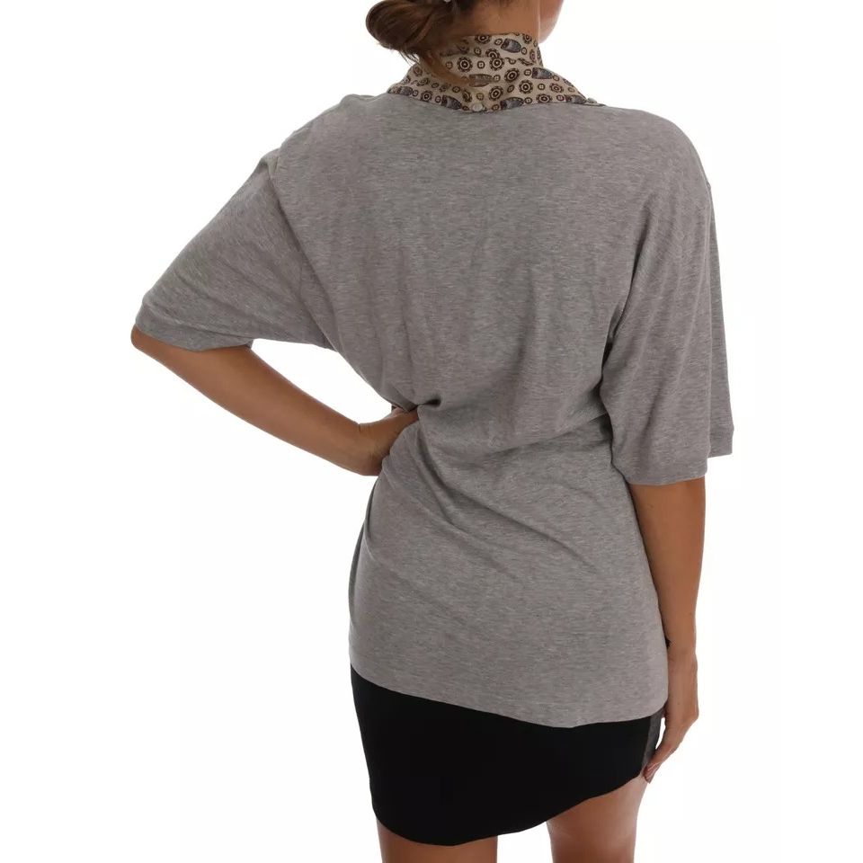 Dolce & Gabbana Gray Cotton Owl Silk Scarf Top T-shirt