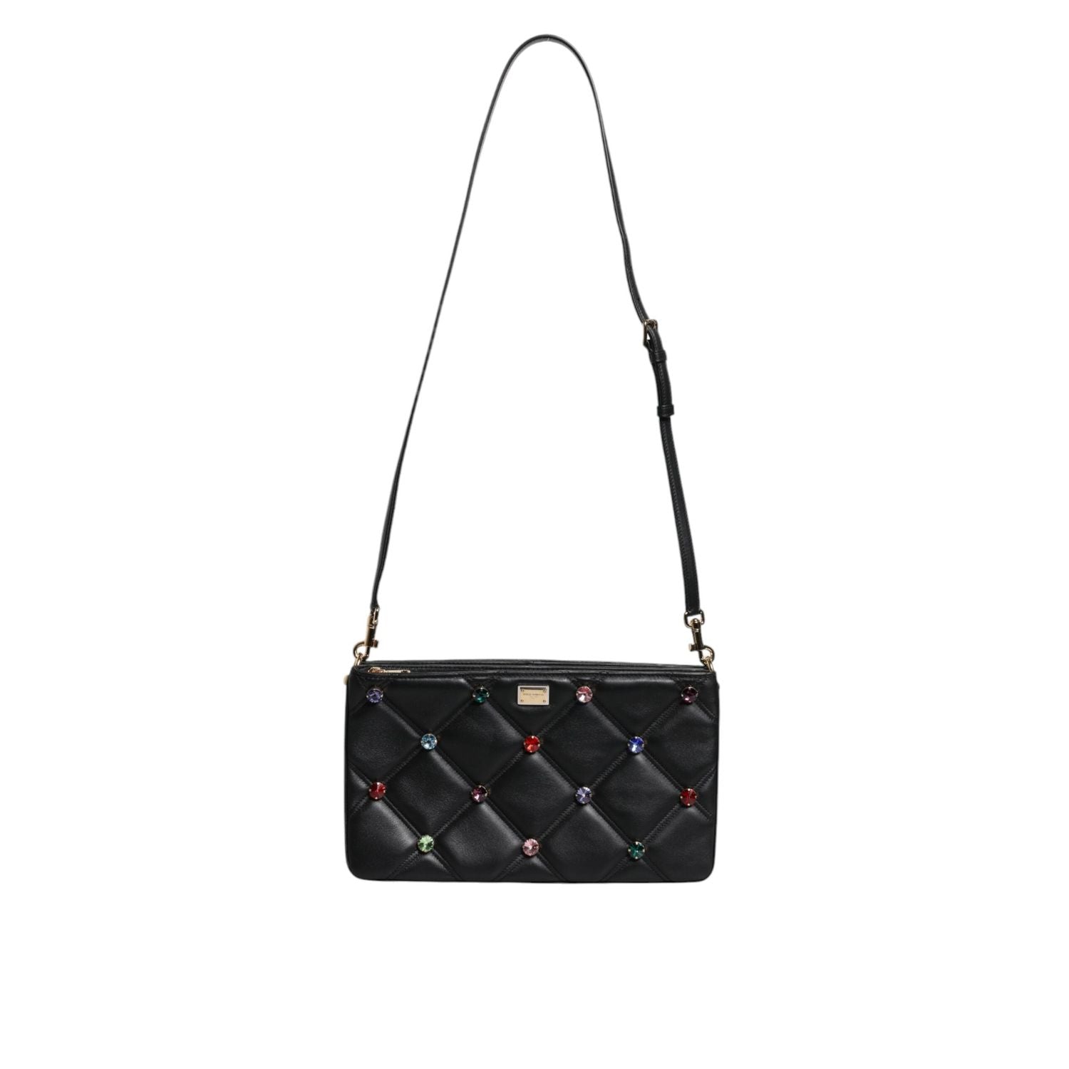 Dolce & Gabbana Black Leather Crystal Embellished Logo Shoulder Bag