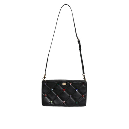 Dolce & Gabbana Black Leather Crystal Embellished Logo Shoulder Bag