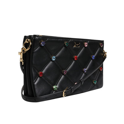 Dolce & Gabbana Black Leather Crystal Embellished Logo Shoulder Bag