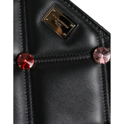 Dolce & Gabbana Black Leather Crystal Embellished Logo Shoulder Bag