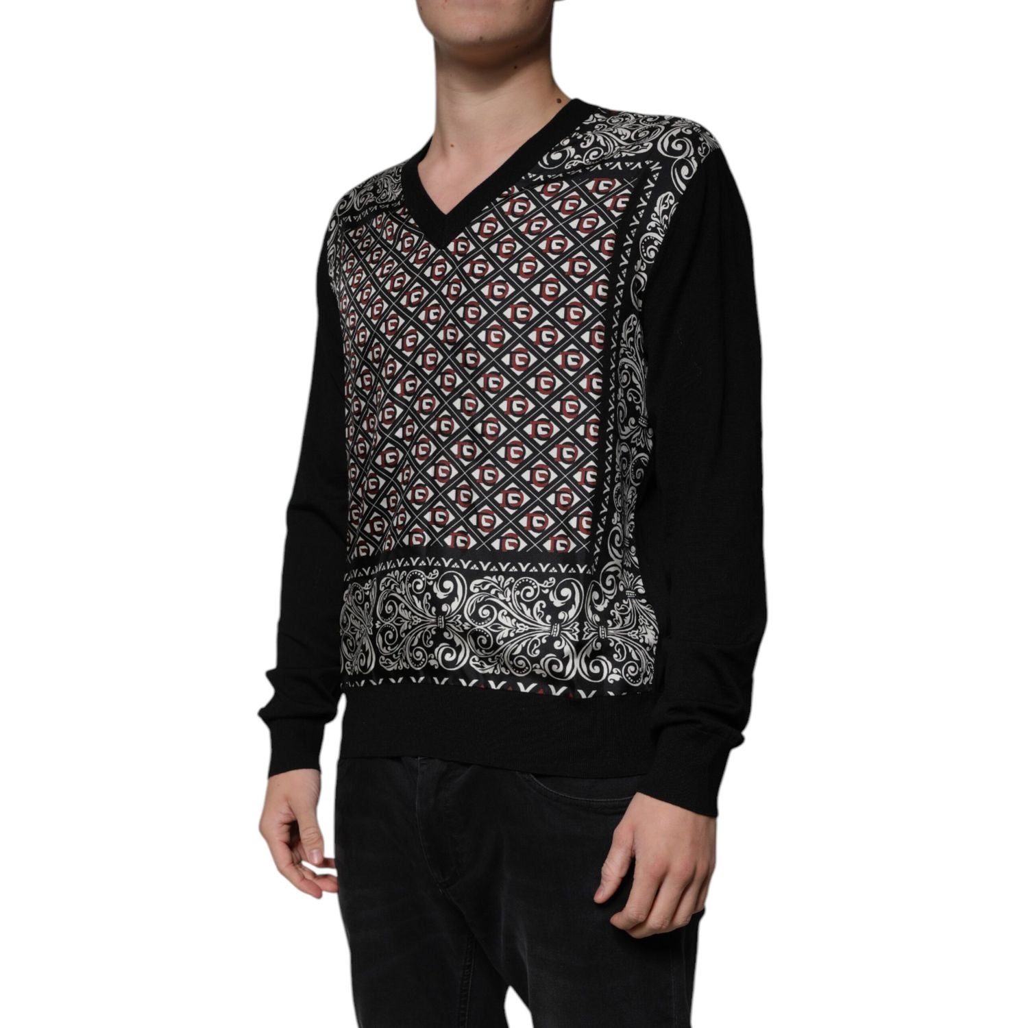 Dolce & Gabbana Black Logo Wool V-neck Pullover Sweater