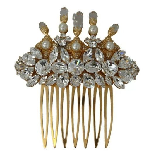 Dolce & Gabbana Gold Brass Clear Crystal Hair Stick Accessory Comb