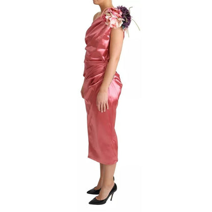 Dolce & Gabbana Pink Draped Midi Flower Applique Dress